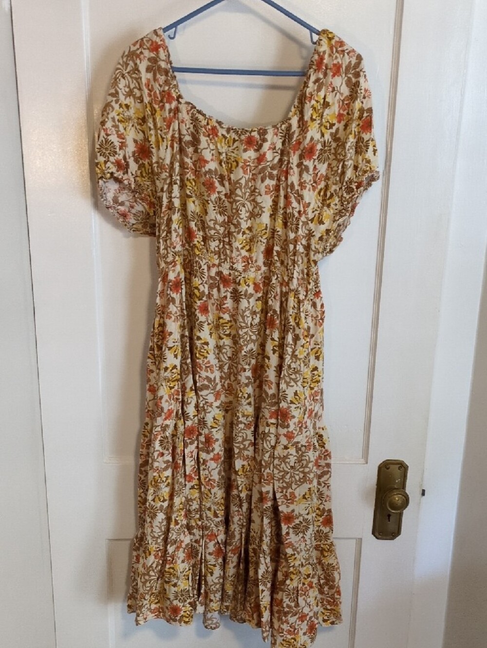 Smocked Floral Midi Dress in Cream, Yellow & Rust - Picture 4 of 5